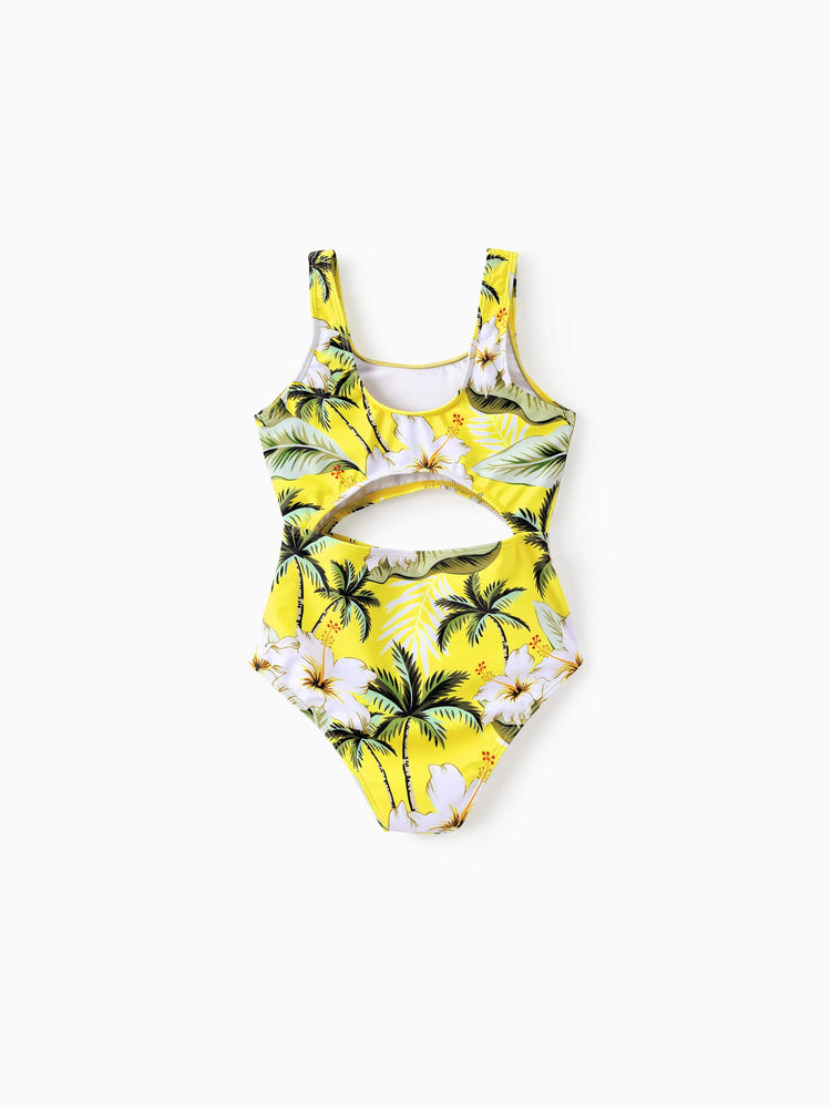 Family Matching Hawaiian Swimsuits Tropical Palm & Plumeria Print Yellow Swim Trunks or Ruffle Flounce Bikini Swimwear Set Yellow