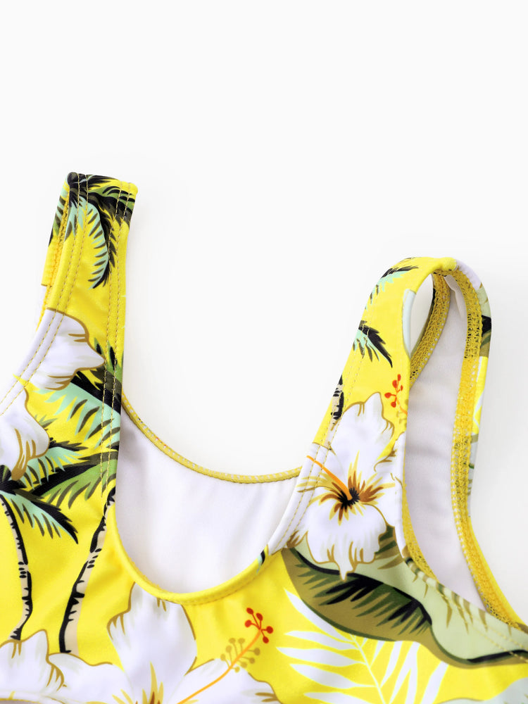 Family Matching Hawaiian Swimsuits Tropical Palm & Plumeria Print Yellow Swim Trunks or Ruffle Flounce Bikini Swimwear Set Yellow