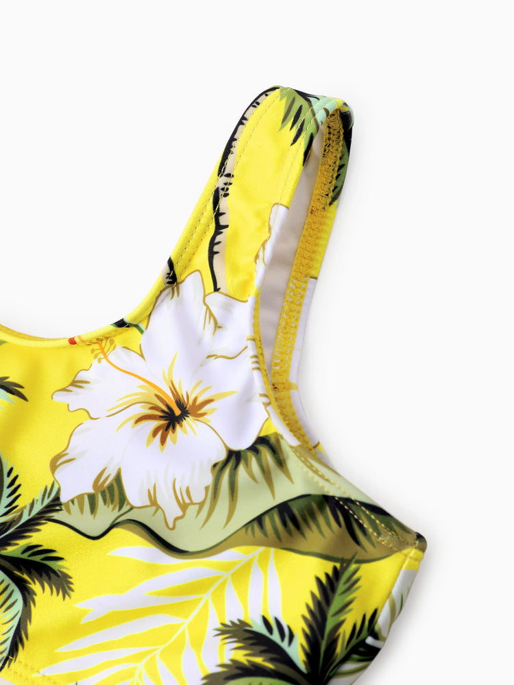 Family Matching Hawaiian Swimsuits Tropical Palm & Plumeria Print Yellow Swim Trunks or Ruffle Flounce Bikini Swimwear Set Yellow