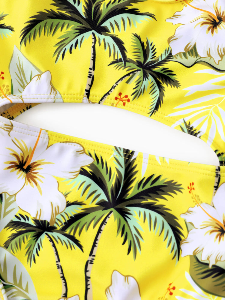 Family Matching Hawaiian Swimsuits Tropical Palm & Plumeria Print Yellow Swim Trunks or Ruffle Flounce Bikini Swimwear Set Yellow