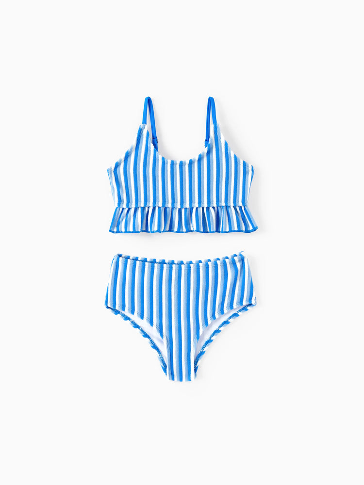 Family Matching Towel Swimwear Blue Stripe Swim Trunks or two-piece Bikini swimsuit Blue