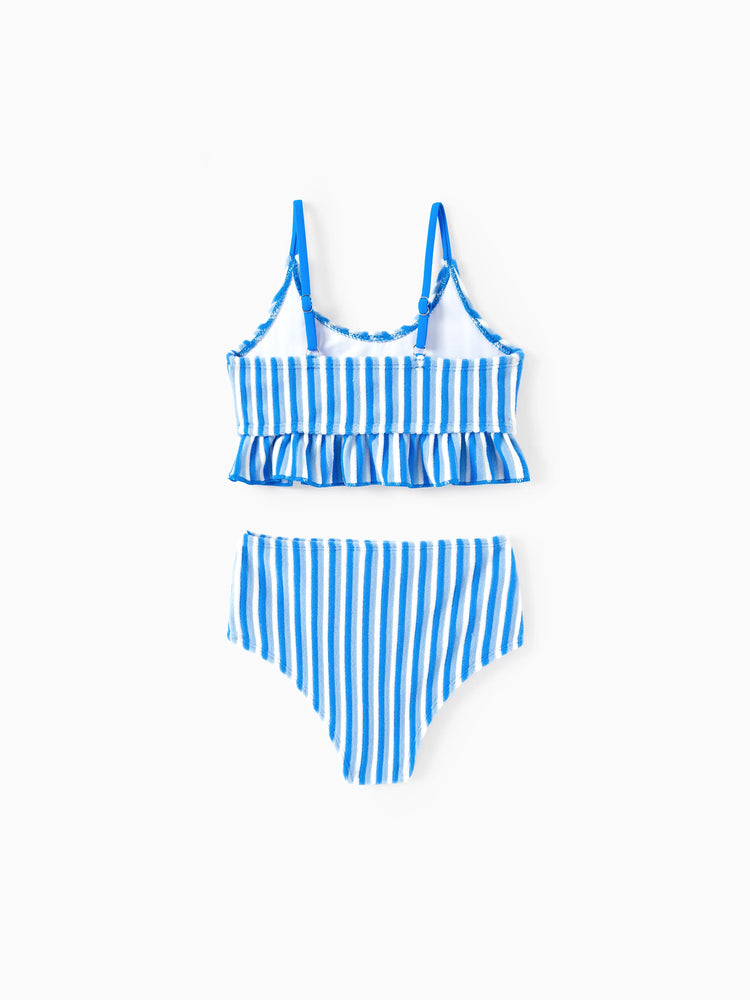 Family Matching Towel Swimwear Blue Stripe Swim Trunks or two-piece Bikini swimsuit Blue