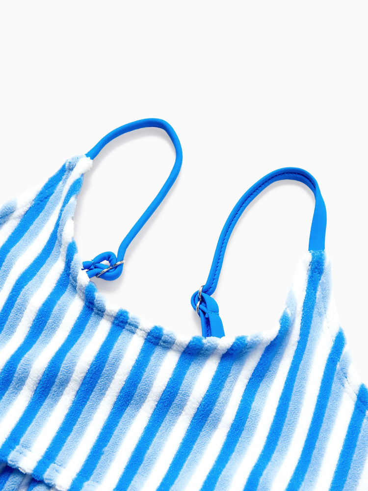 Family Matching Towel Swimwear Blue Stripe Swim Trunks or two-piece Bikini swimsuit Blue