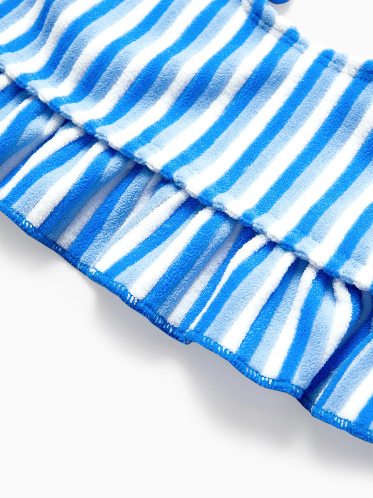 Family Matching Towel Swimwear Blue Stripe Swim Trunks or two-piece Bikini swimsuit Blue