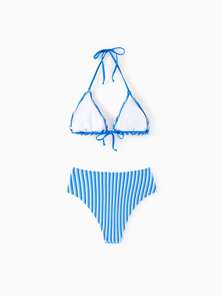 Family Matching Towel Swimwear Blue Stripe Swim Trunks or two-piece Bikini swimsuit Blue