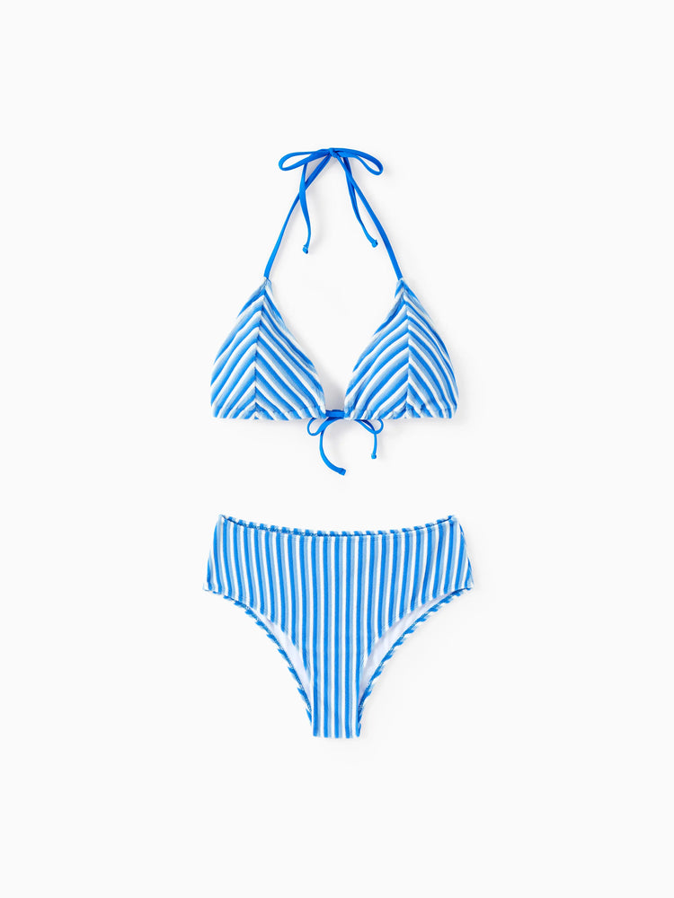 Family Matching Towel Swimwear Blue Stripe Swim Trunks or two-piece Bikini swimsuit Blue