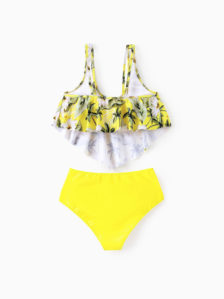Family Matching Hawaiian Swimsuits Tropical Palm & Plumeria Print Yellow Swim Trunks or Ruffle Flounce Bikini Swimwear Set Yellow