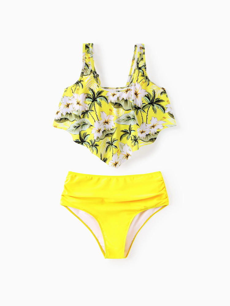 Family Matching Hawaiian Swimsuits Tropical Palm & Plumeria Print Yellow Swim Trunks or Ruffle Flounce Bikini Swimwear Set Yellow