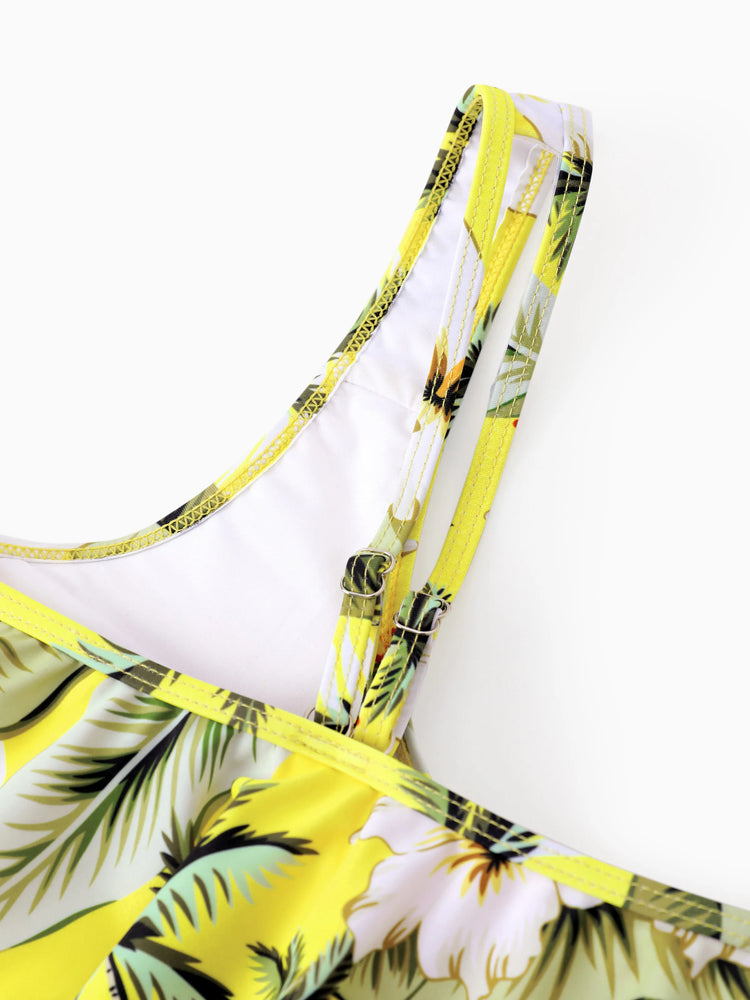 Family Matching Hawaiian Swimsuits Tropical Palm & Plumeria Print Yellow Swim Trunks or Ruffle Flounce Bikini Swimwear Set Yellow