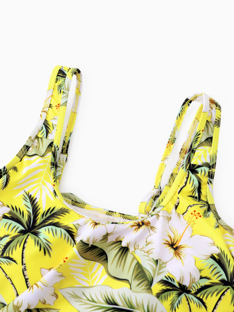 Family Matching Hawaiian Swimsuits Tropical Palm & Plumeria Print Yellow Swim Trunks or Ruffle Flounce Bikini Swimwear Set Yellow
