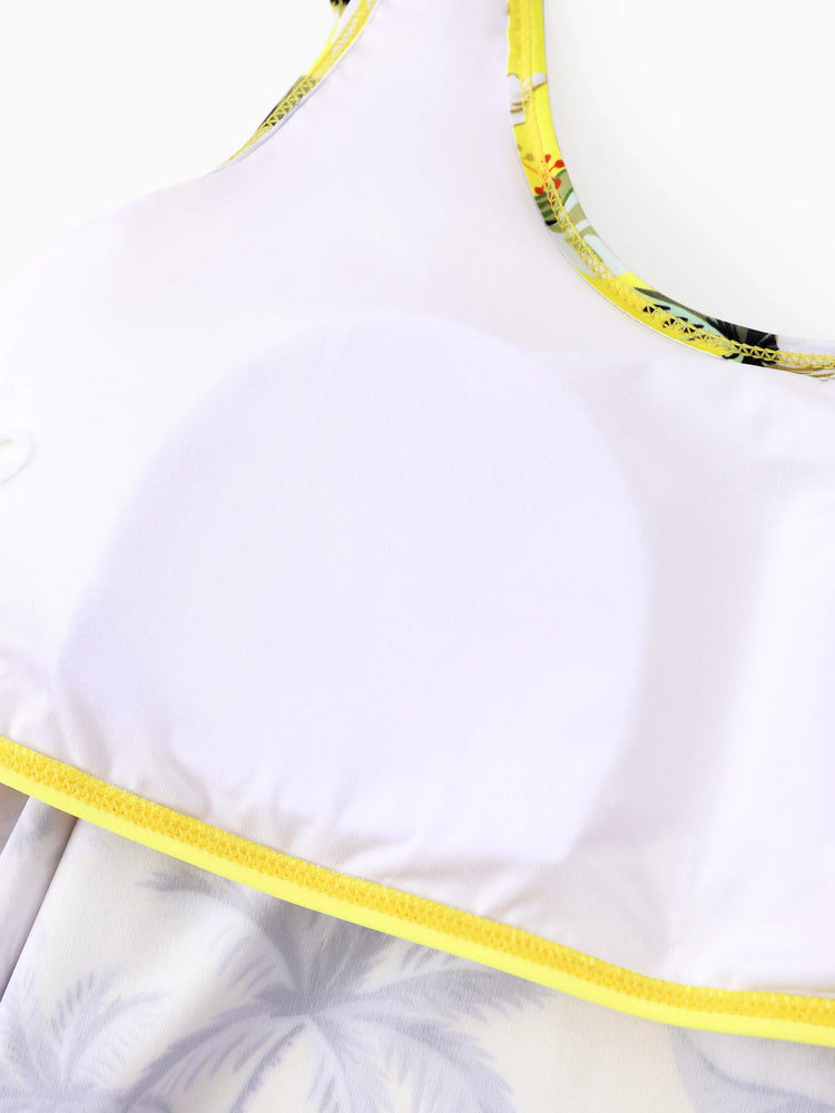 Family Matching Hawaiian Swimsuits Tropical Palm & Plumeria Print Yellow Swim Trunks or Ruffle Flounce Bikini Swimwear Set Yellow