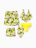 Family Matching Hawaiian Swimsuits Tropical Palm & Plumeria Print Yellow Swim Trunks or Ruffle Flounce Bikini Swimwear Set Yellow
