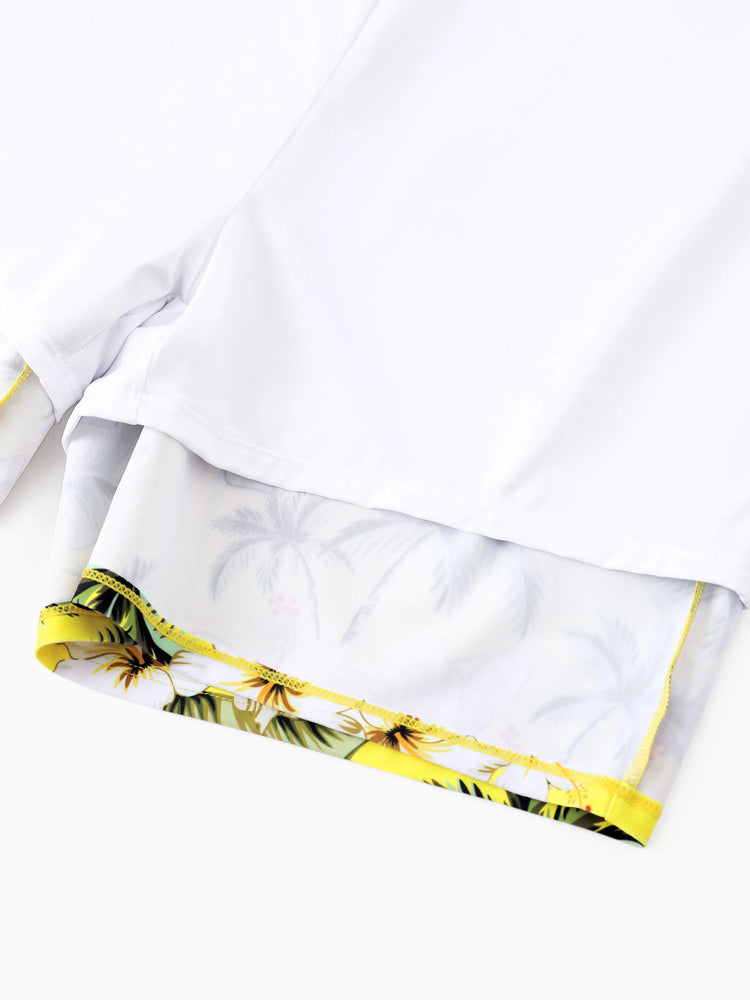 Family Matching Hawaiian Swimsuits Tropical Palm & Plumeria Print Yellow Swim Trunks or Ruffle Flounce Bikini Swimwear Set Yellow