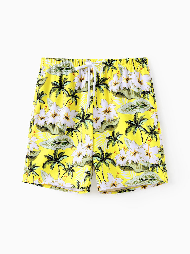 Family Matching Hawaiian Swimsuits Tropical Palm & Plumeria Print Yellow Swim Trunks or Ruffle Flounce Bikini Swimwear Set Yellow