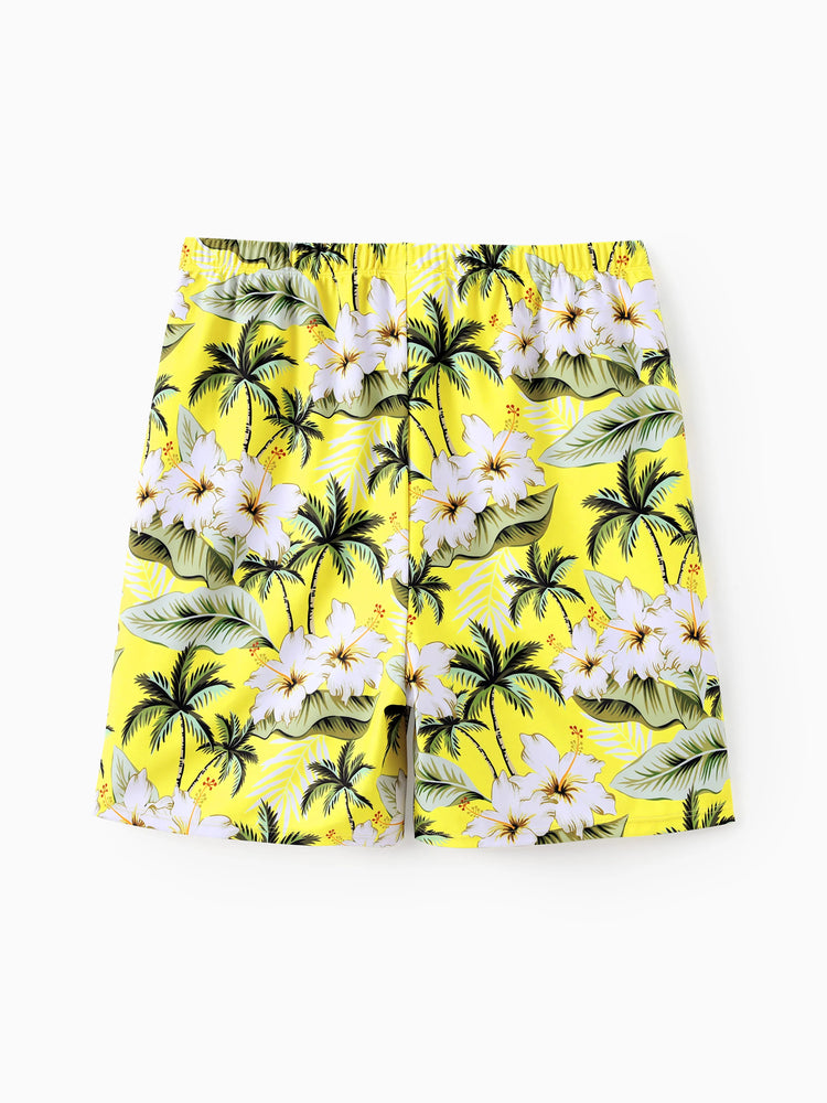 Family Matching Hawaiian Swimsuits Tropical Palm & Plumeria Print Yellow Swim Trunks or Ruffle Flounce Bikini Swimwear Set Yellow