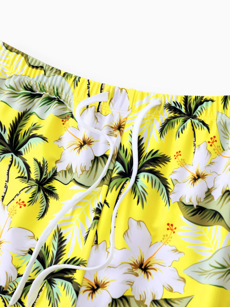 Family Matching Hawaiian Swimsuits Tropical Palm & Plumeria Print Yellow Swim Trunks or Ruffle Flounce Bikini Swimwear Set Yellow