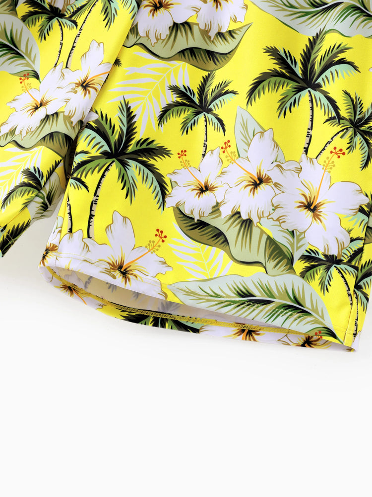 Family Matching Hawaiian Swimsuits Tropical Palm & Plumeria Print Yellow Swim Trunks or Ruffle Flounce Bikini Swimwear Set Yellow