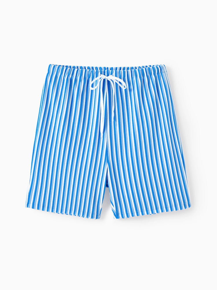 Family Matching Towel Swimwear Blue Stripe Swim Trunks or two-piece Bikini swimsuit Blue