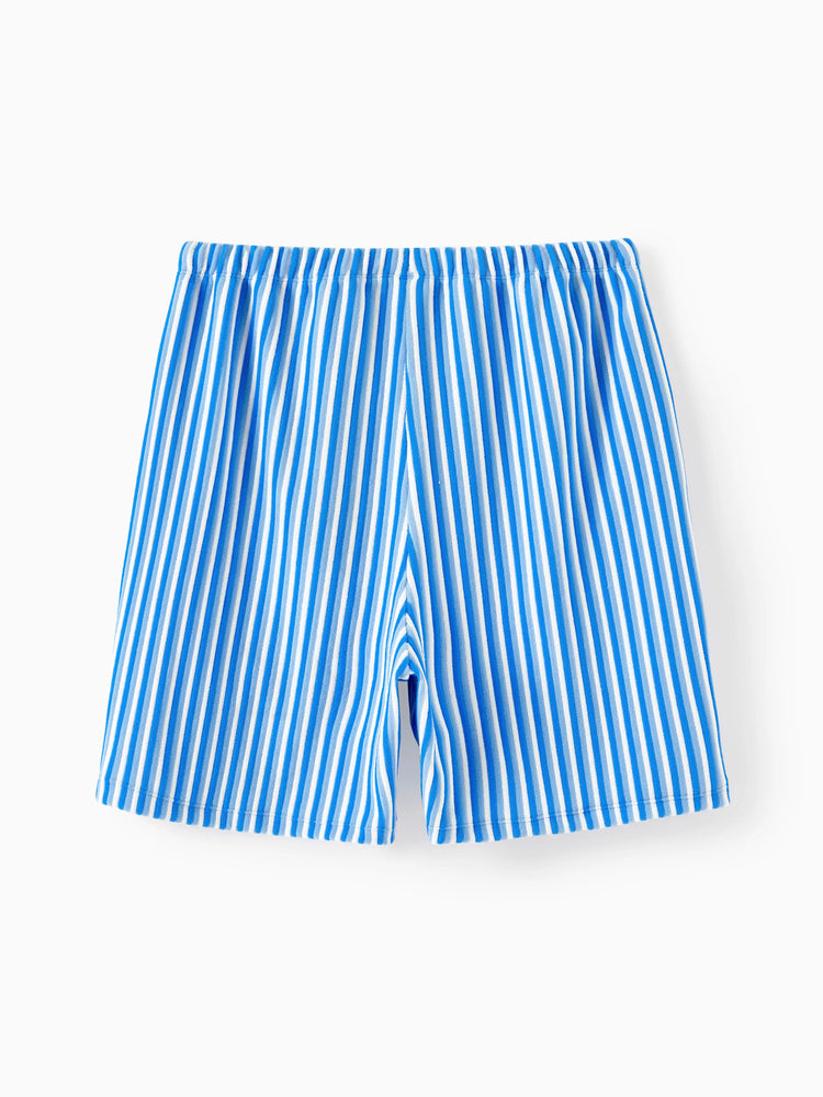 Family Matching Towel Swimwear Blue Stripe Swim Trunks or two-piece Bikini swimsuit Blue