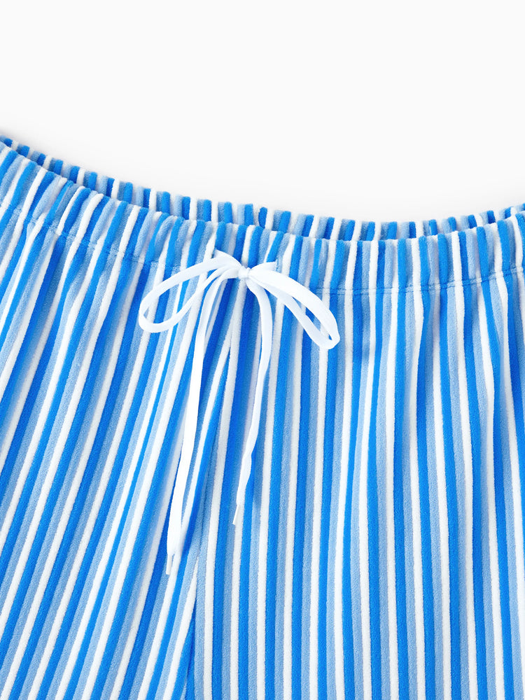 Family Matching Towel Swimwear Blue Stripe Swim Trunks or two-piece Bikini swimsuit Blue