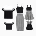 Matching Family Outfits ¨C Black & White Striped Casual Short Sleeve T-Shirt for Men & Boy, Crop Top & Midi Skirt Co-ord Set for women & Girl, Flared Dresses for Baby Girl ¨C Stylish Summer Family Coordinated Cotton Set Black+White