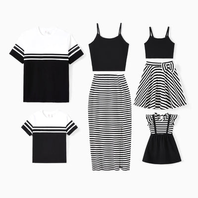 Matching Family Outfits ¨C Black & White Striped Casual Short Sleeve T-Shirt for Men & Boy, Crop Top & Midi Skirt Co-ord Set for women & Girl, Flared Dresses for Baby Girl ¨C Stylish Summer Family Coordinated Cotton Set Black+White