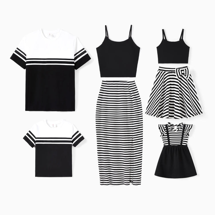 Matching Family Outfits ¨C Black & White Striped Casual Short Sleeve T-Shirt for Men & Boy, Crop Top & Midi Skirt Co-ord Set for women & Girl, Flared Dresses for Baby Girl ¨C Stylish Summer Family Coordinated Cotton Set Black+White