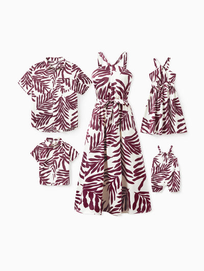 Tenues familiales assorties : chemises à imprimé feuilles rouges et robe à bretelles et ceinture pour Hawaï/croisière/station balnéaire/tenue décontractée, blanc