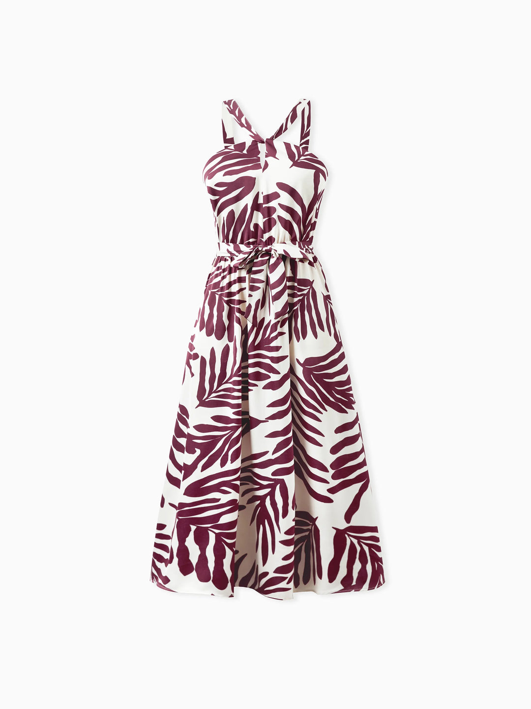 Conjuntos para mamá y niña con camisas de estampado de hojas rojas y vestido con cinturón de tirantes para Hawái/crucero/resort/uso casual Blanco