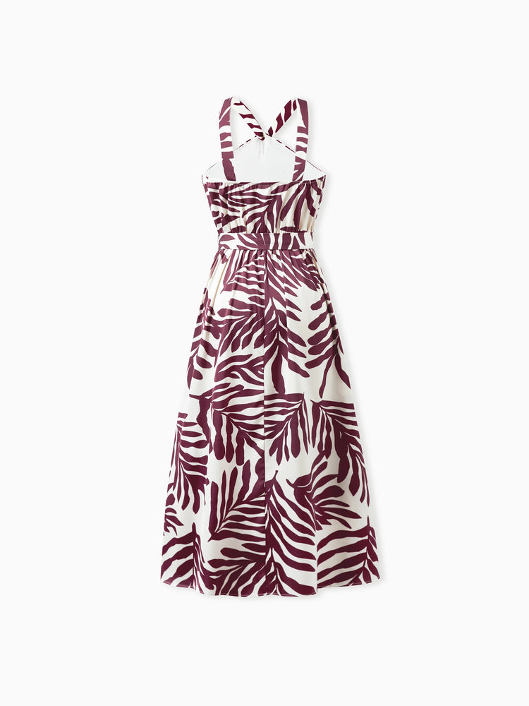 Tenues familiales assorties : chemises à imprimé feuilles rouges et robe à bretelles et ceinture pour Hawaï/croisière/station balnéaire/tenue décontractée, blanc