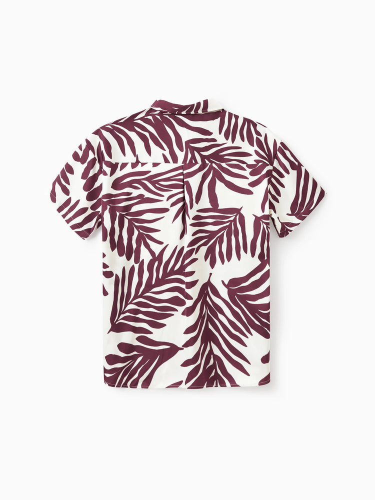 Daddy & Daughter Outfits Red Leaf Print Shirts and Strap Belted Dress for Hawaii/Cruise/Resort/Casual Wear White