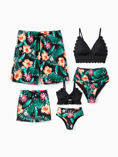 Family Matching Tropical Print Swimwear Set V-Neck Bikini & Swim Trunks Black
