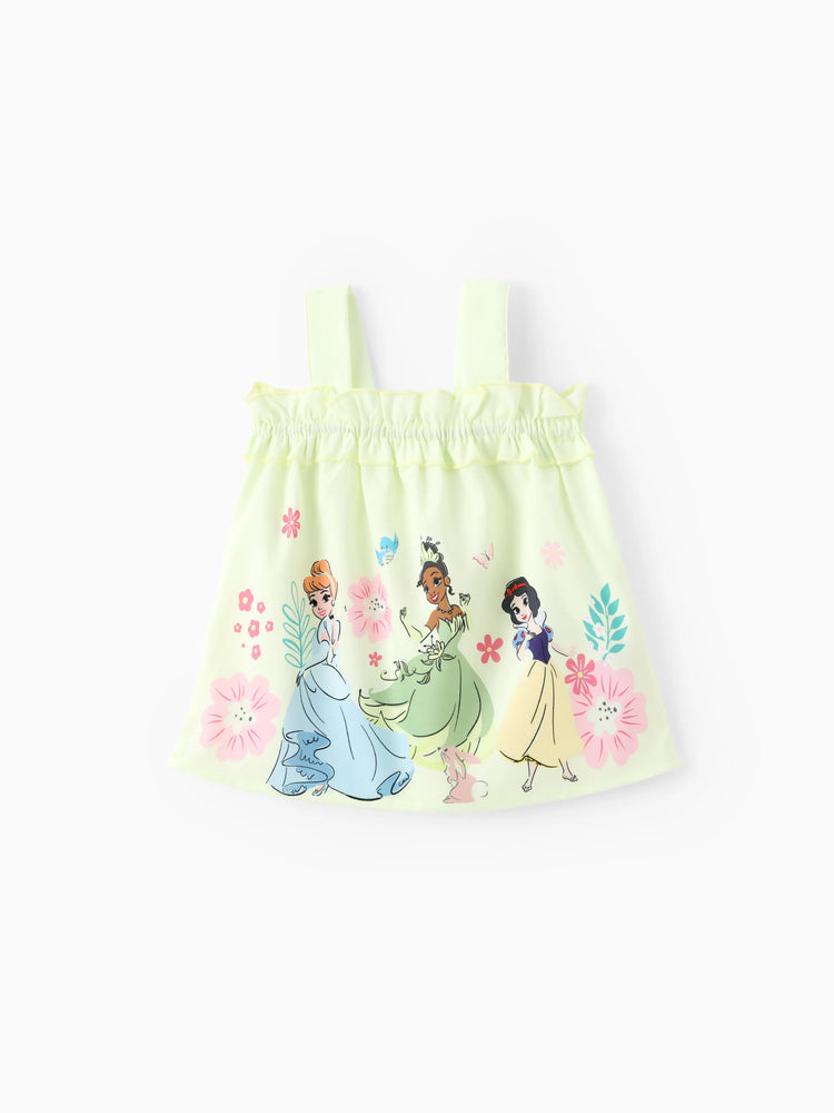 Disney Princess Baby Girl 2pcs Cinderella & Tiana & Snow White Floral Ruffled Smocked Top And Bloomer Shorts Set Light Green