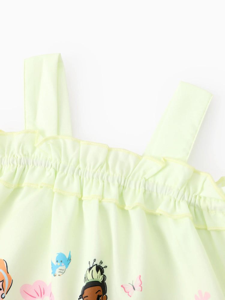 Disney Princess Baby Girl 2pcs Cinderella & Tiana & Snow White Floral Ruffled Smocked Top And Bloomer Shorts Set Light Green