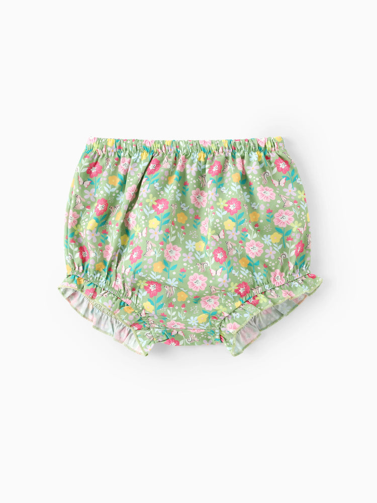 Disney Princess Baby Girl 2pcs Cinderella & Tiana & Snow White Floral Ruffled Smocked Top And Bloomer Shorts Set Light Green