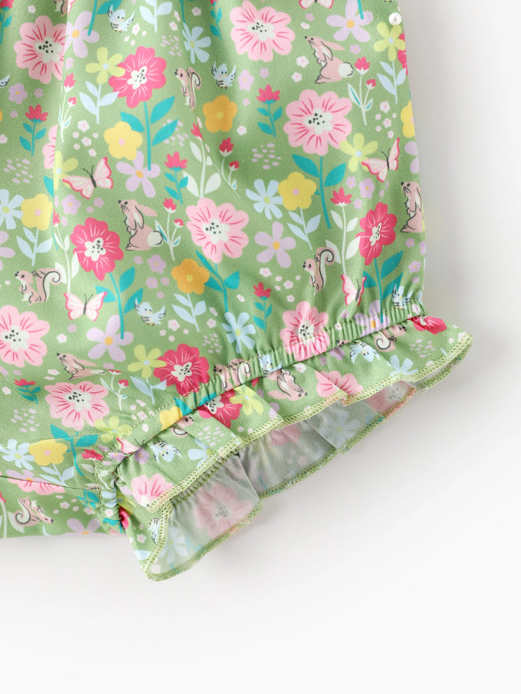 Disney Princess Baby Girl 2pcs Cinderella & Tiana & Snow White Floral Ruffled Smocked Top And Bloomer Shorts Set Light Green