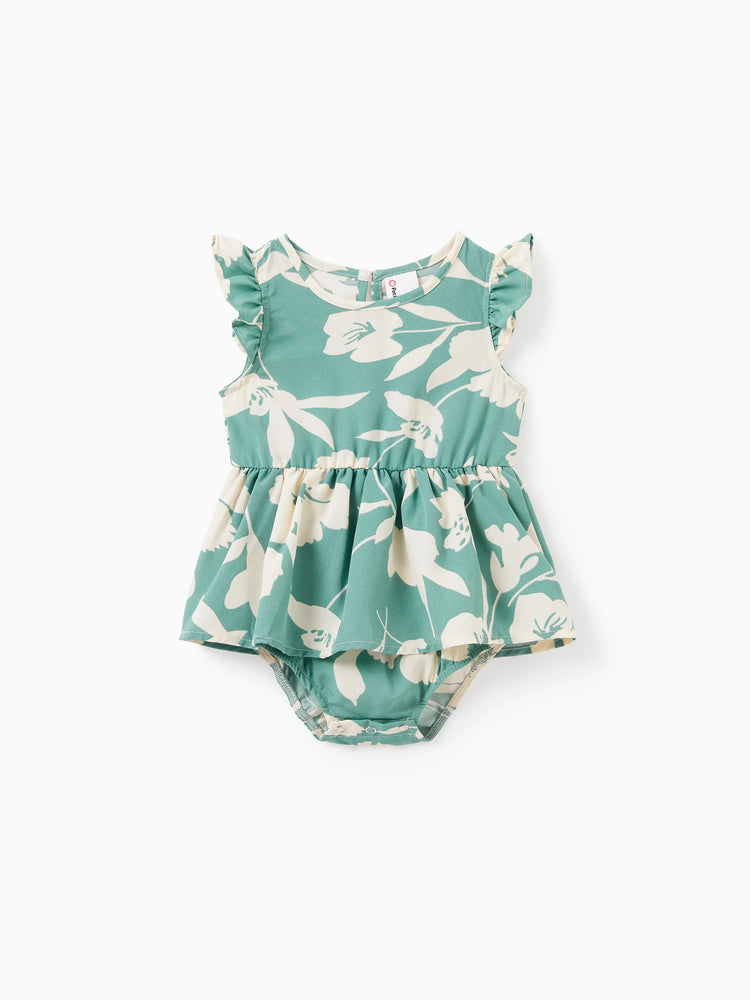 Daddy & Daughter Leaf Print Green Short-sleeve Shirt or Sling Shirred Dress Set Green