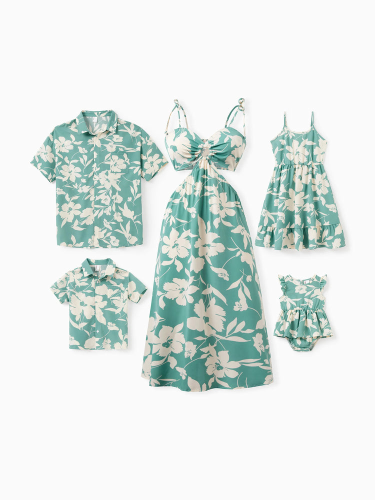 Daddy & Son Leaf Print Green Short-sleeve Shirt Set Green