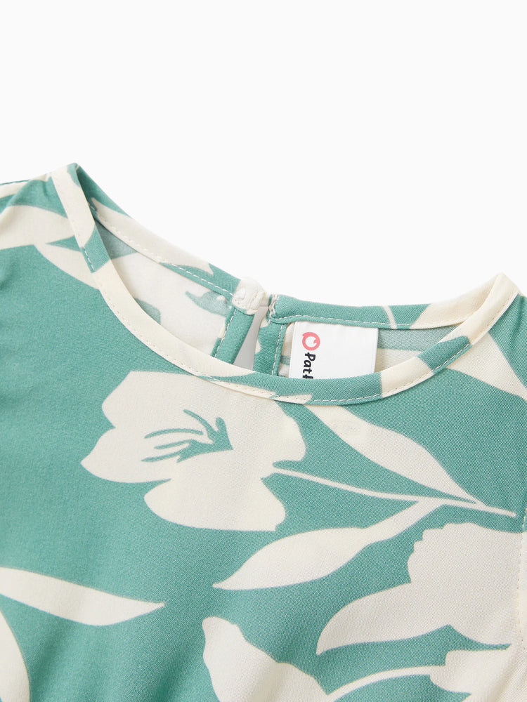 Daddy & Daughter Leaf Print Green Short-sleeve Shirt or Sling Shirred Dress Set Green