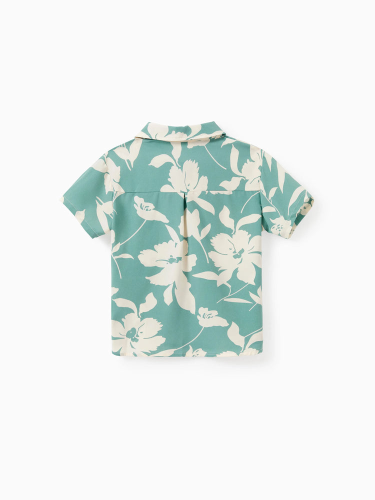 Daddy & Son Leaf Print Green Short-sleeve Shirt Set Green