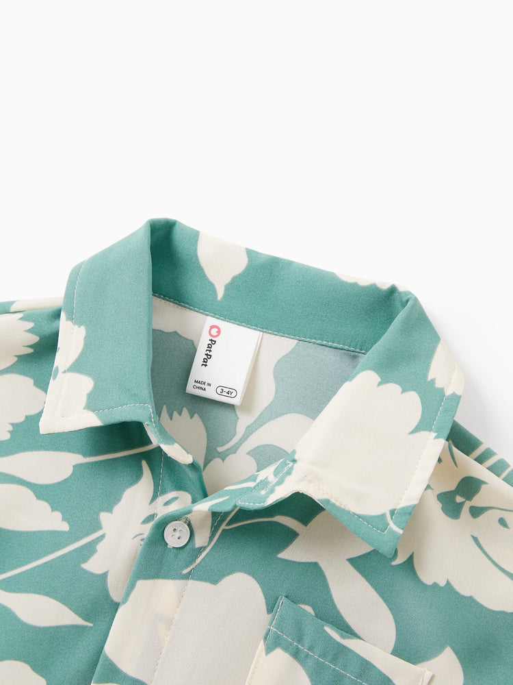 Daddy & Son Leaf Print Green Short-sleeve Shirt Set Green