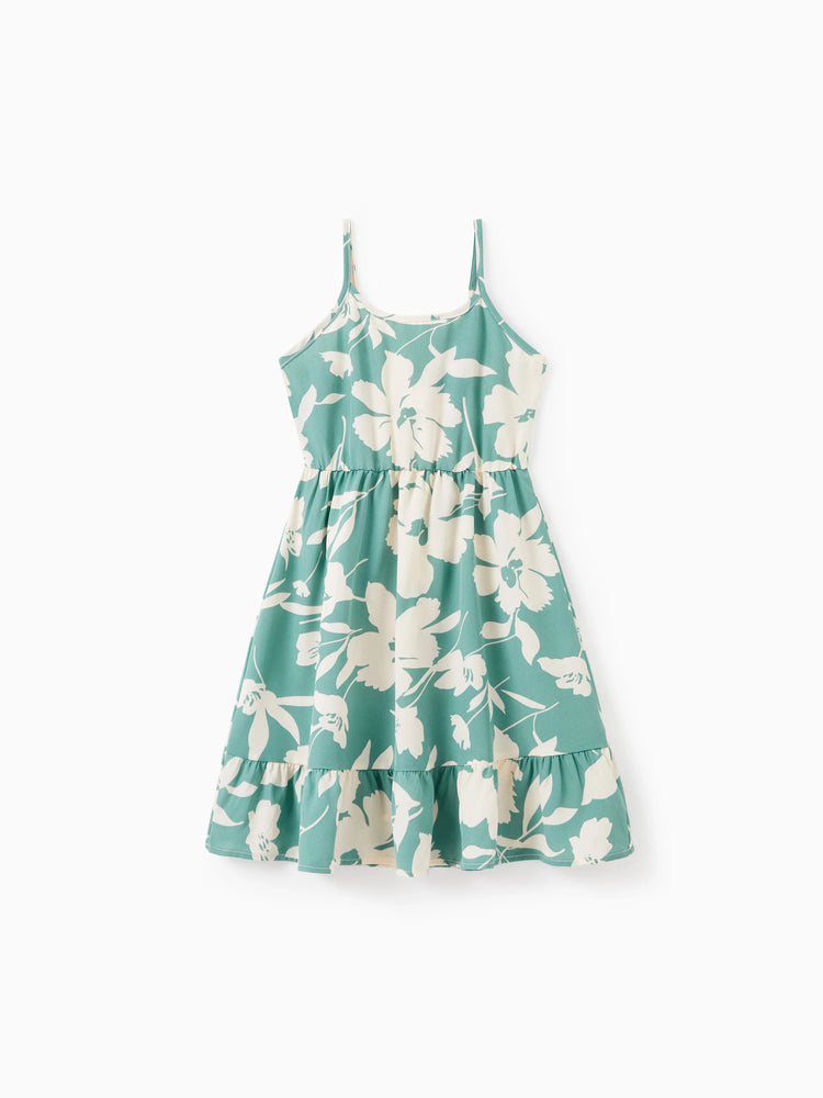 Daddy & Daughter Leaf Print Green Short-sleeve Shirt or Sling Shirred Dress Set Green