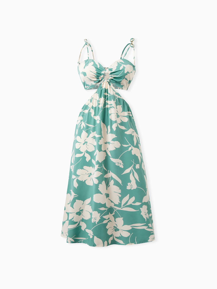 Ensemble familial assorti avec chemise à manches courtes ou robe froncée à imprimé feuilles vertes