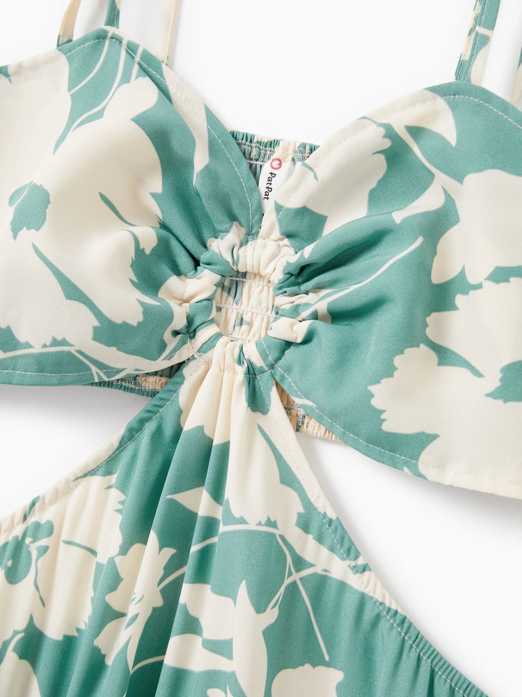 Ensemble familial assorti avec chemise à manches courtes ou robe froncée à imprimé feuilles vertes