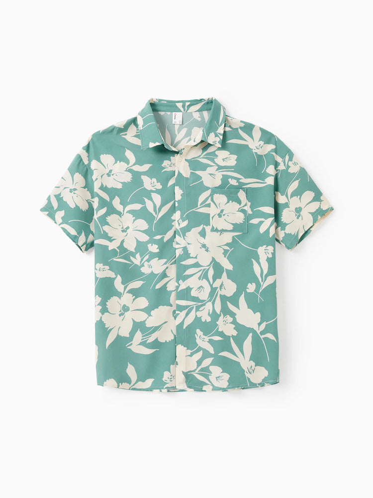 Ensemble familial assorti avec chemise à manches courtes ou robe froncée à imprimé feuilles vertes