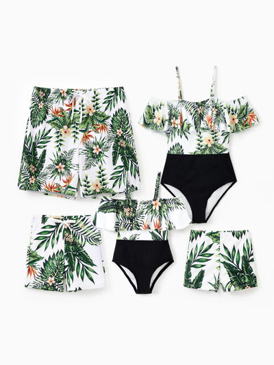 One Piece Plant Printed Family Matching Swimsuit White
