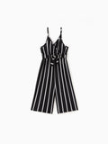 Kid Girl Stripe Surplice Neck Belted Cami Jumpsuits Black