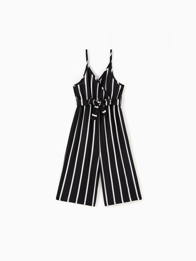 Kid Girl Stripe Surplice Neck Belted Cami Jumpsuits Black