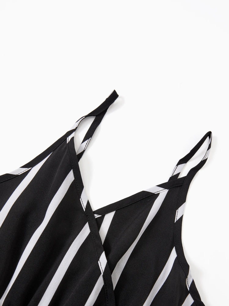 Combinaison caraco à rayures et col surplis avec ceinture pour fille, noire