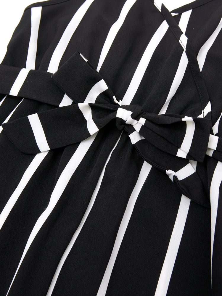 Combinaison caraco à rayures et col surplis avec ceinture pour fille, noire